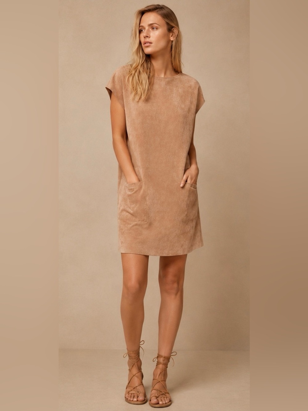 Wilfred Free Nori Faux Suede Shift Dress XS Tan Pockets Aritzia